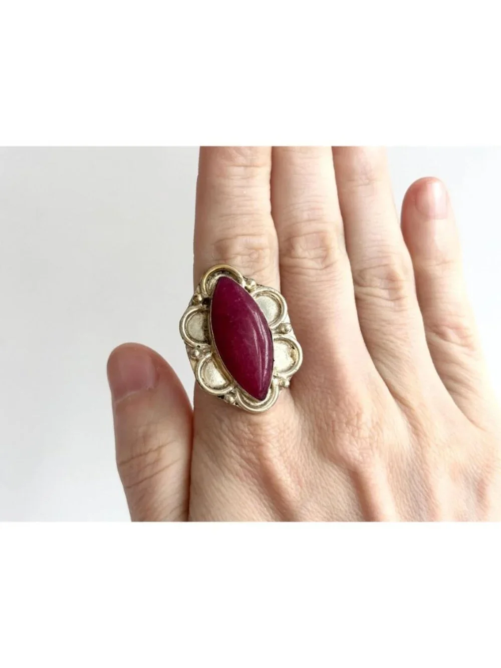 Red Adventurine Marquise Scalloped Sterling Silver 925 Vintage Ring - sz 10.5